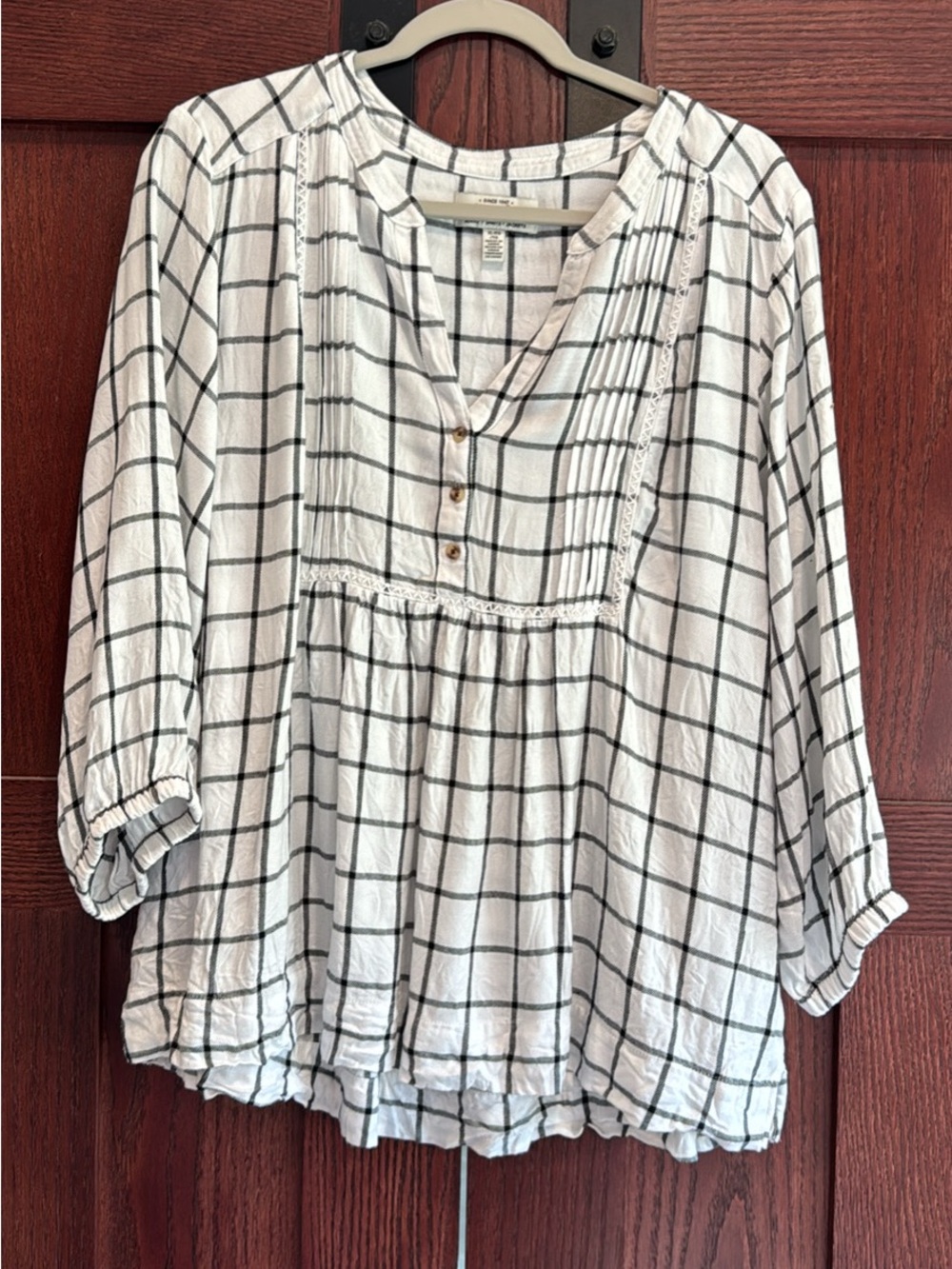 Wrangler White and Black Windowpane Pintuck Peasant Tunic